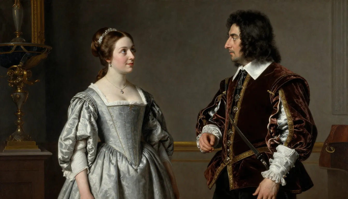 16th century French interior, a noble woman in a simple maid...