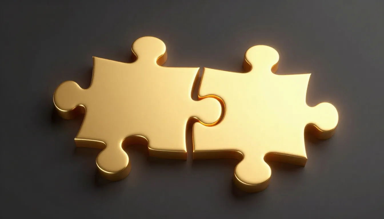 Two glowing golden puzzle pieces fitting perfectly together ...