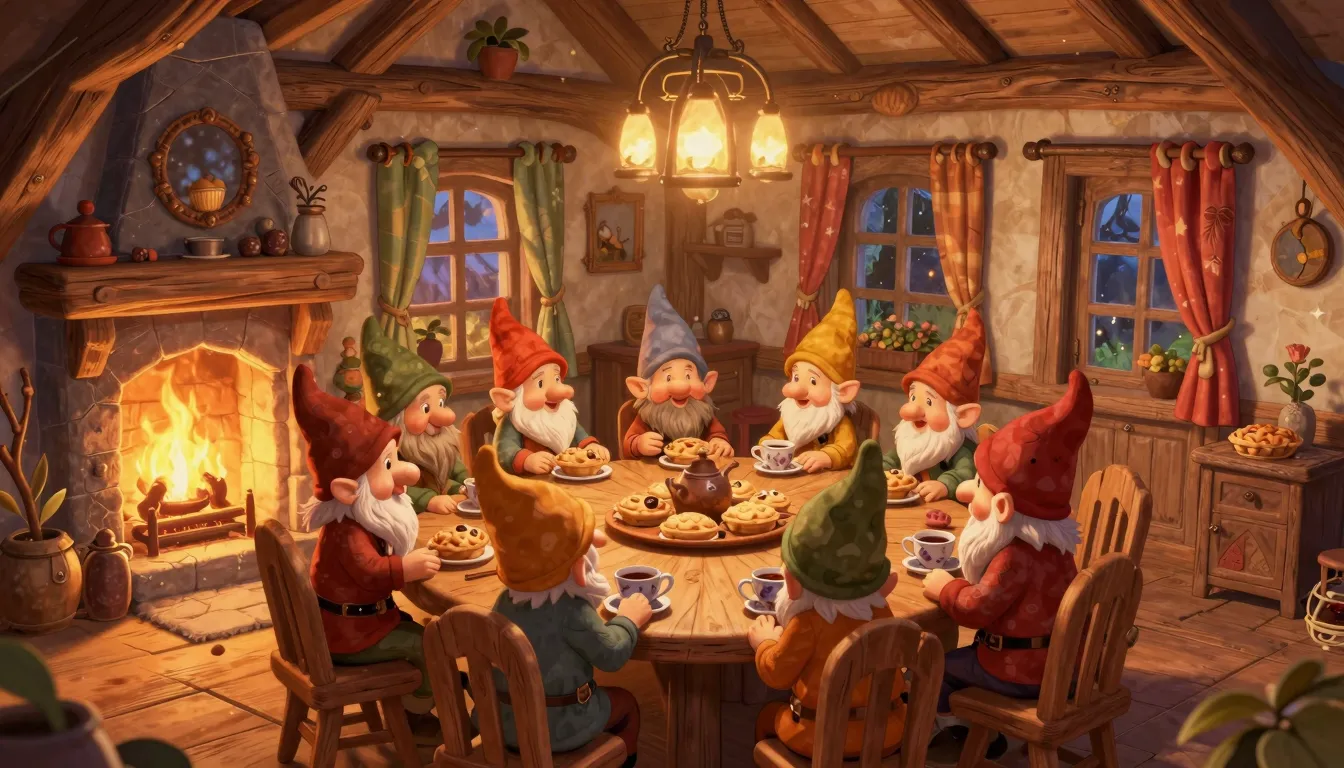 The cozy interior of a gnome's house. Ten happy gnomes are s...