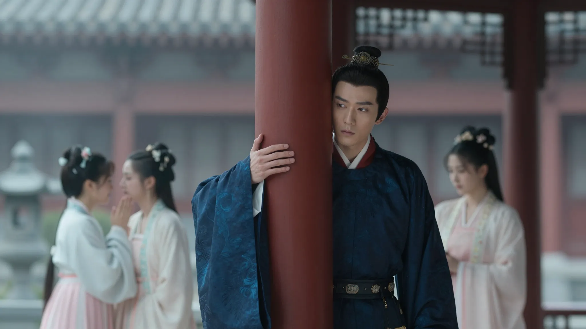 A cinematic shot of a Chinese prince in dark blue silk robes...