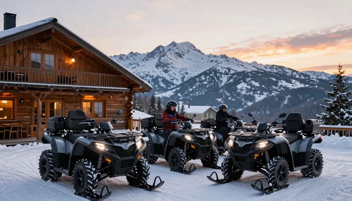 A group of modern ATVs and snowmobiles parked near a cozy wo...