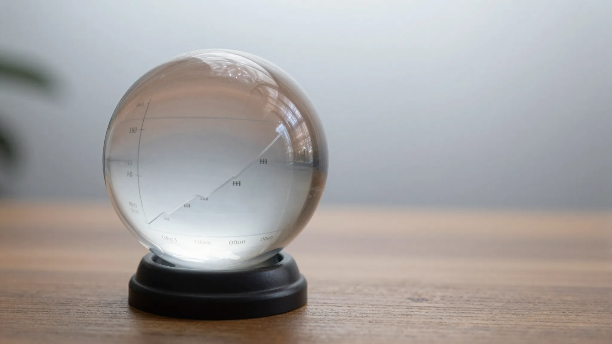 A magical crystal ball on a wooden table showing a growing g...