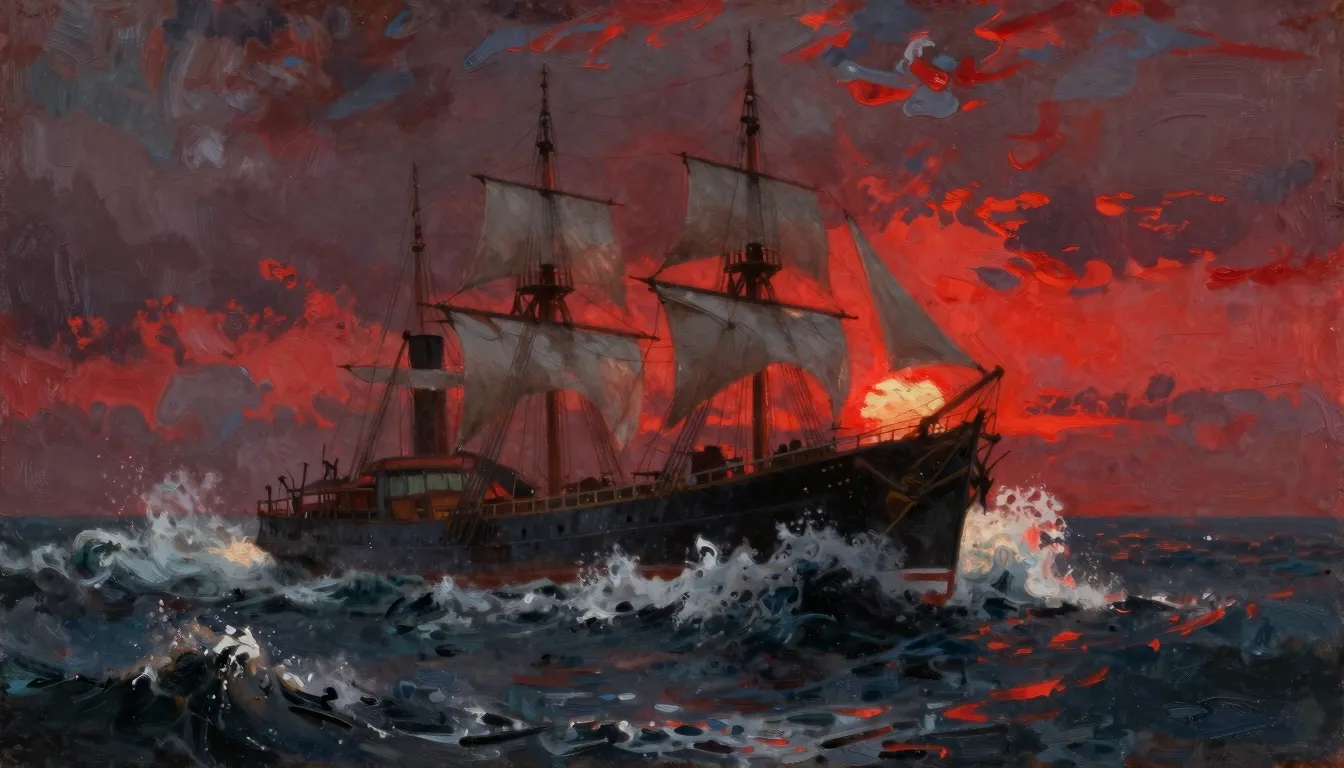 Dramatic marine painting, a ship battling high waves during ...