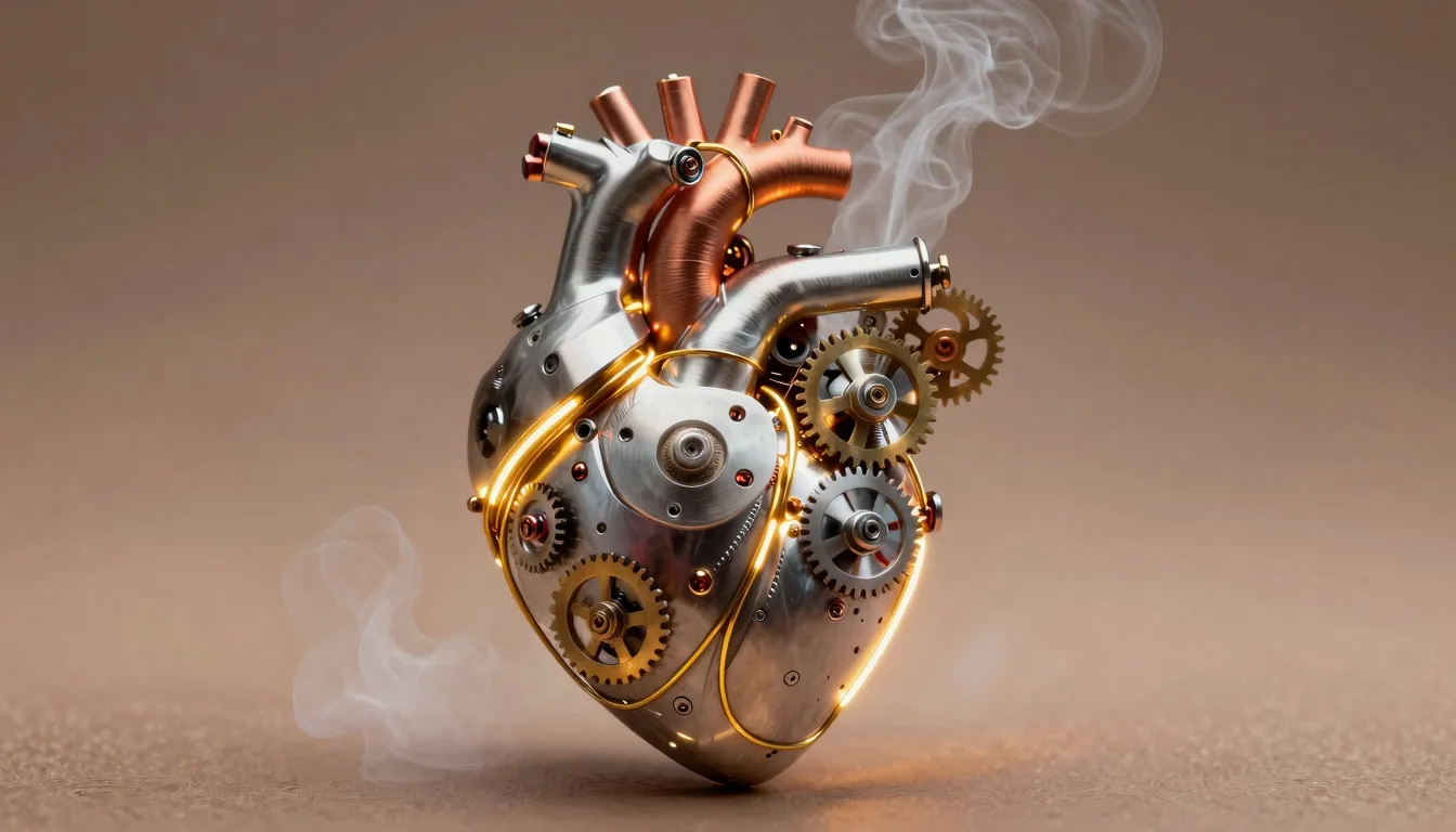 Intricate mechanical hearts intertwined with glowing golden ...