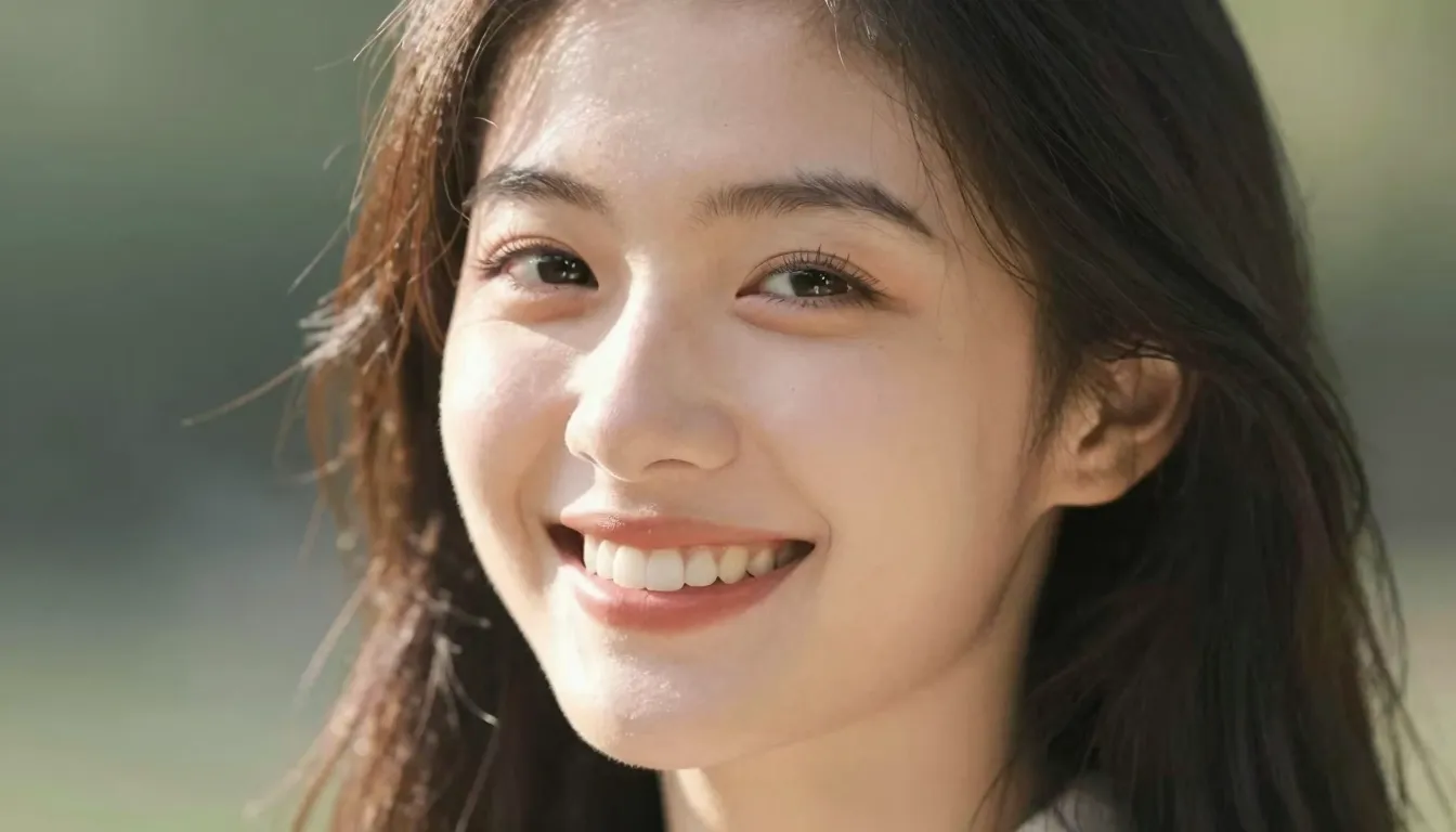 A beautiful bright smile of a woman, soft focus, warm sunlig...