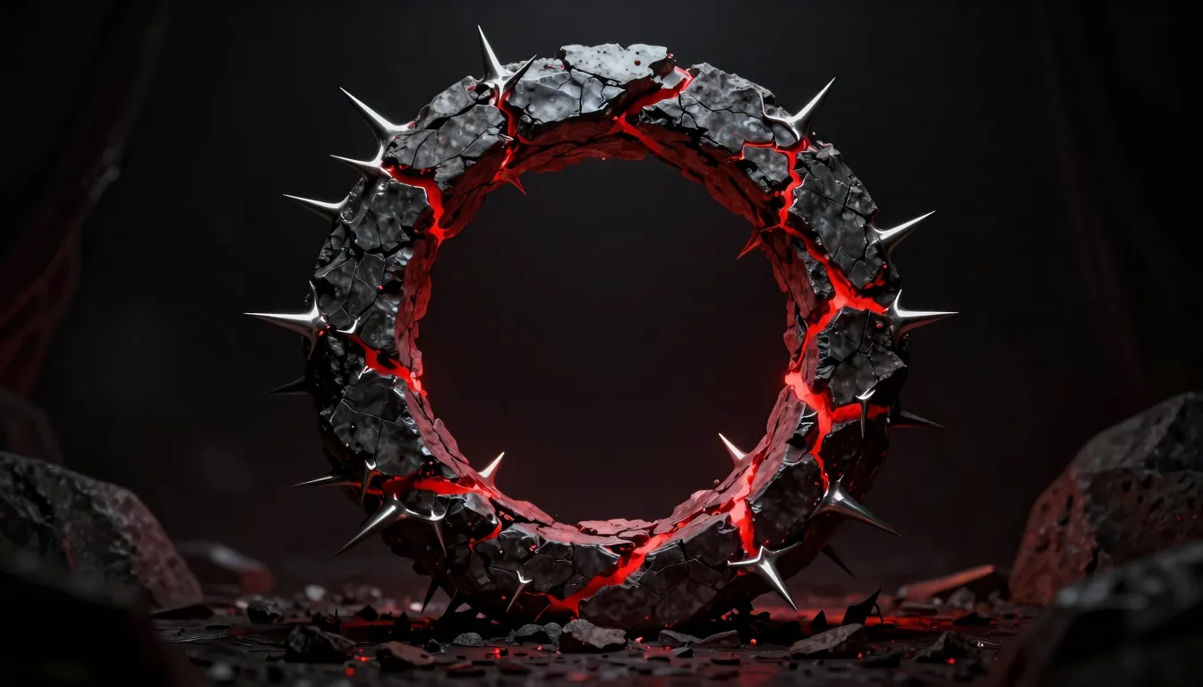 A dark gothic illustration of a crumbling stone ring in a vo...