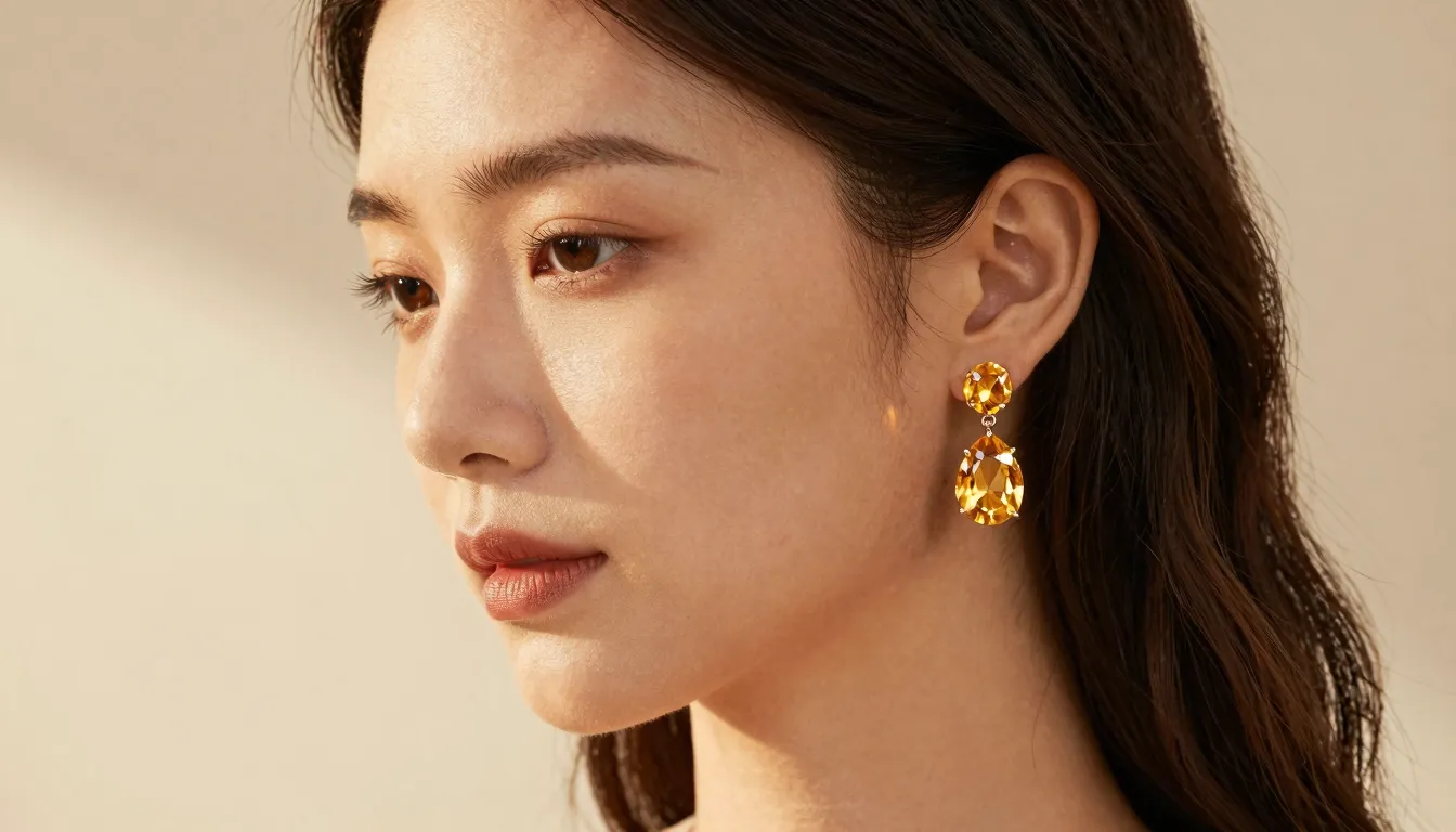Beautiful woman wearing citrine earrings, golden hour lighti...