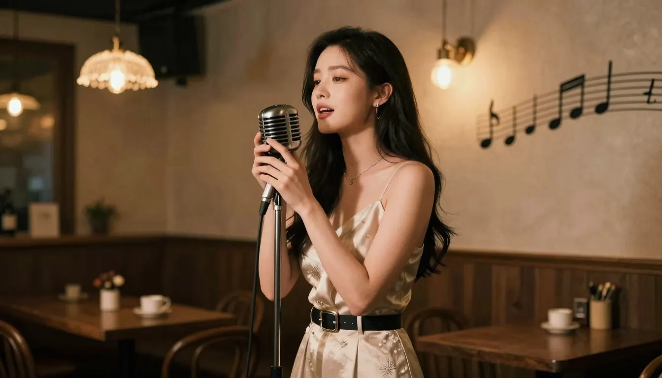 A beautiful woman singing into a vintage microphone on a sma...