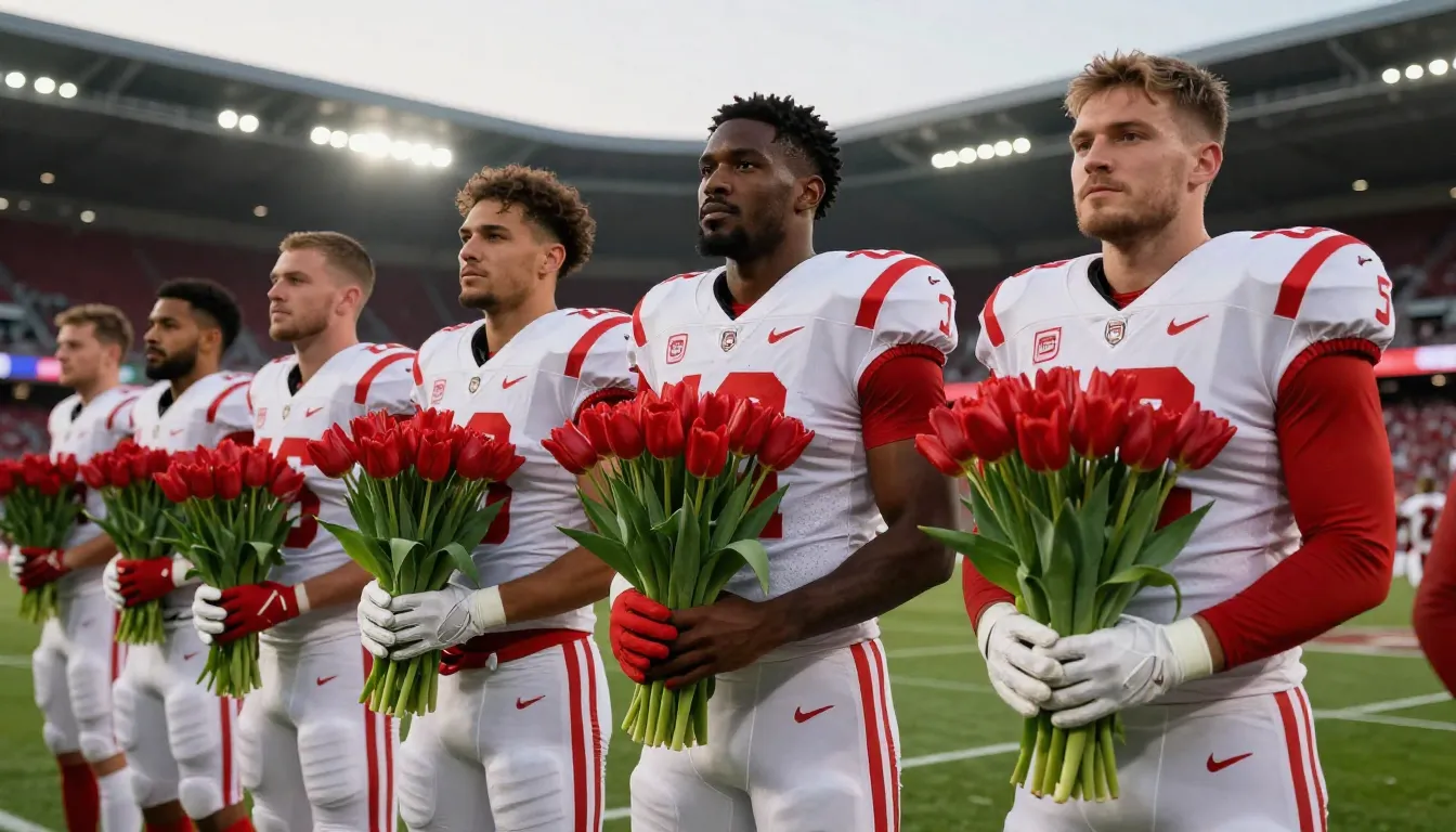 Cinematic shot of professional football players in red and w...