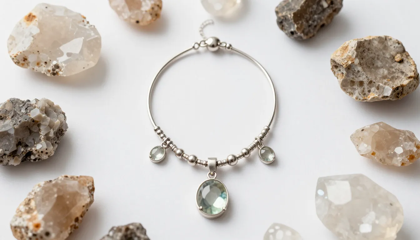 A beautiful flatlay of natural raw crystals and elegant hand...