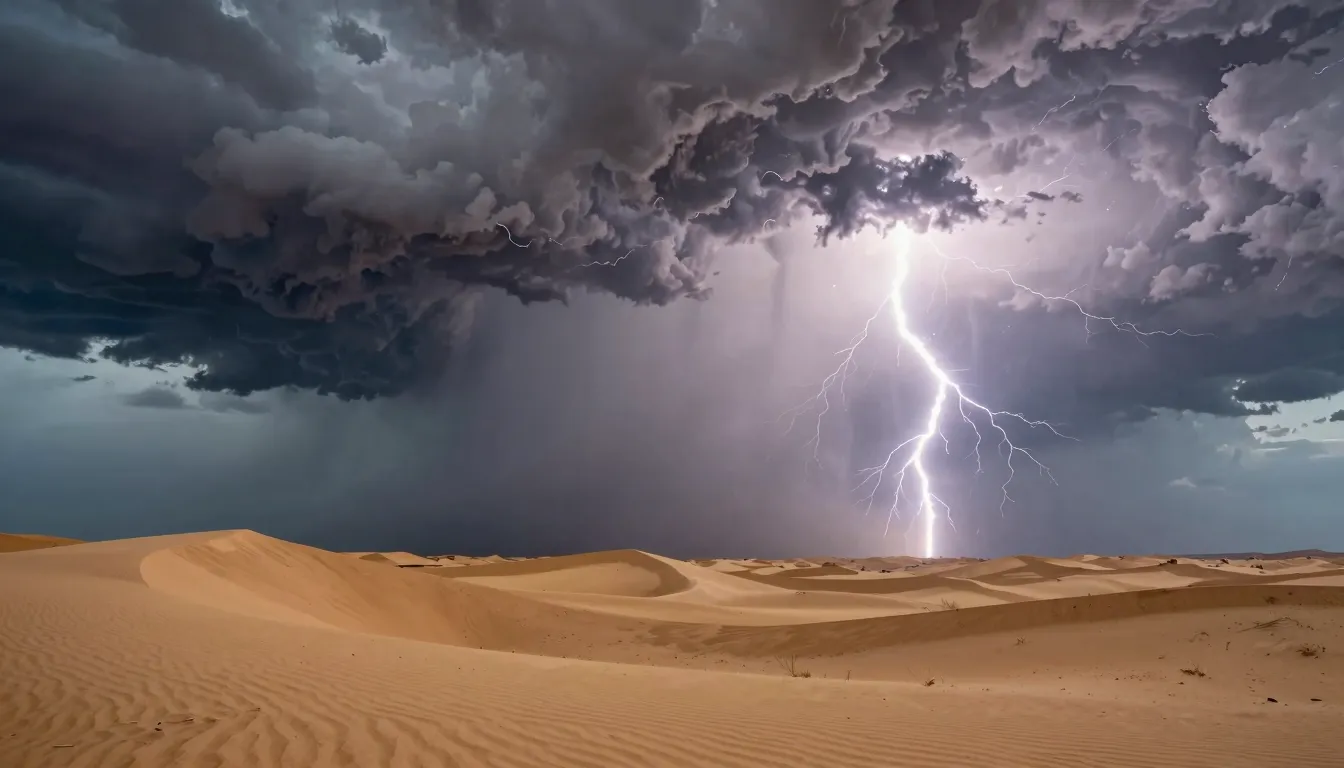 A powerful summer thunderstorm over a vast sandy desert. Mas...