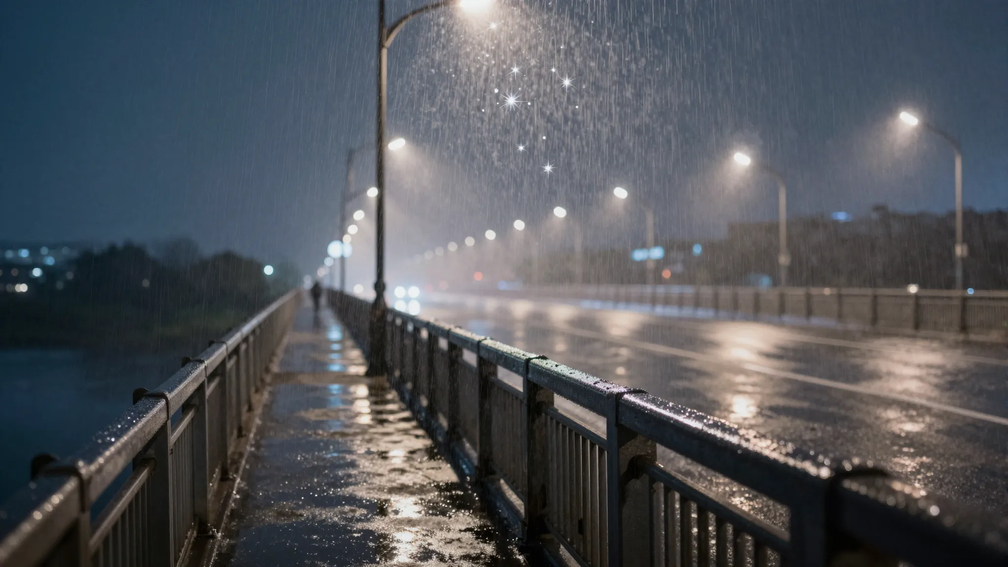 A cinematic scene of a lonely bridge at night under a soft r...