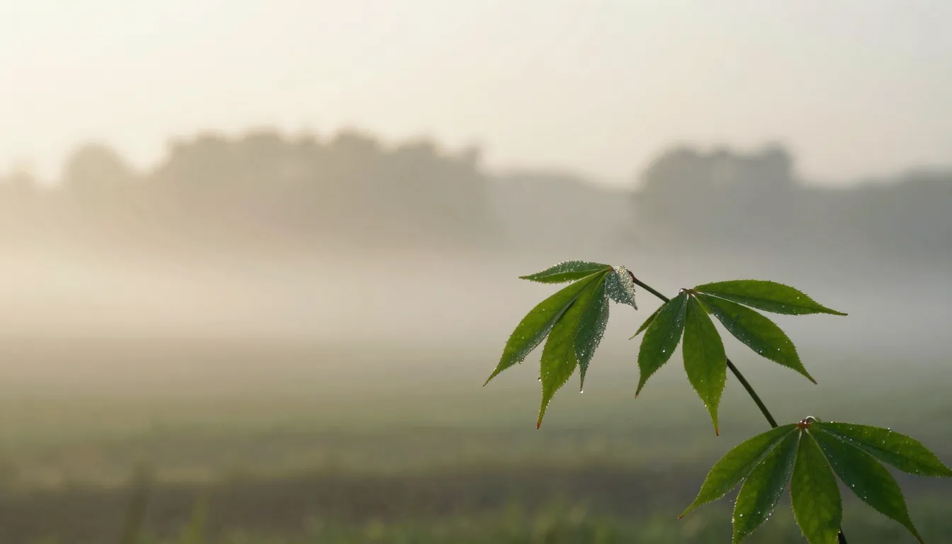 A peaceful morning landscape with soft sunrise light, dew on...
