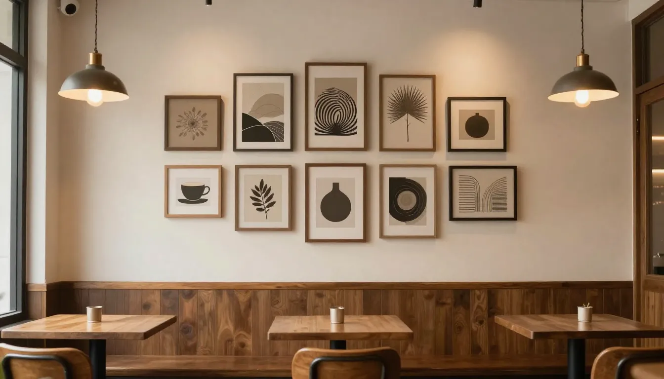 Interior design mockup of a coffee shop wall featuring a gri...