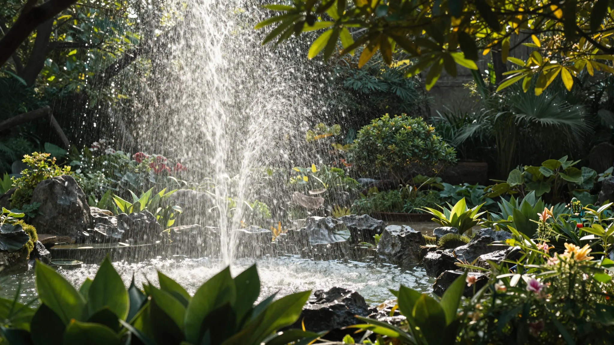 A peaceful garden scene with a light breeze, sparkling water...