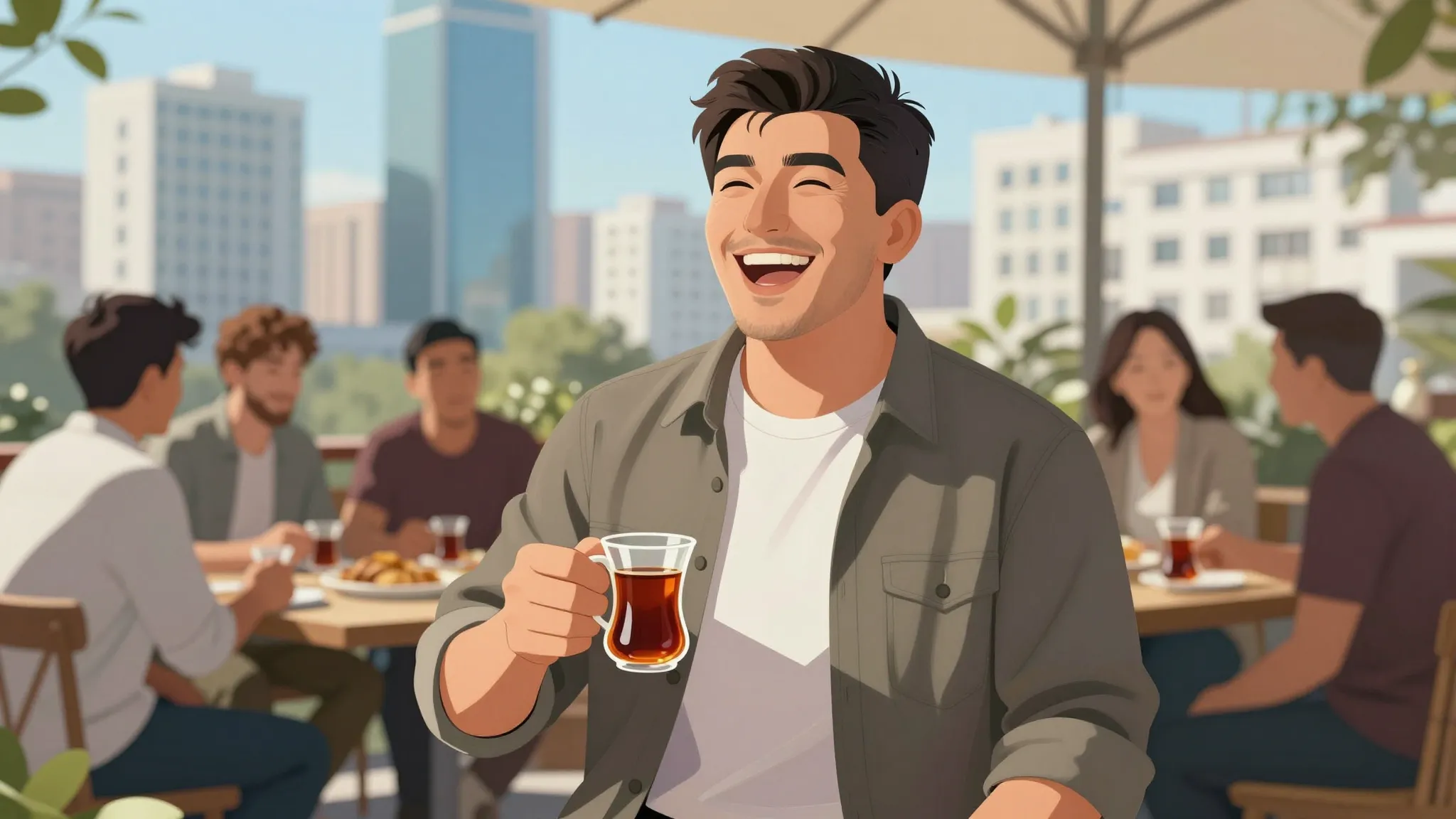 A charismatic Kyrgyz man named Muratbek, laughing with frien...