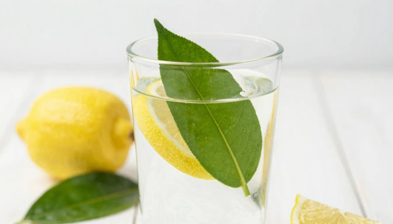 A glass of clean water with lemon and a green leaf, symboliz...