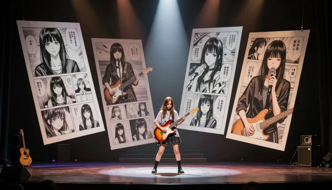 A theatrical stage setting, a girl with an electric guitar, ...