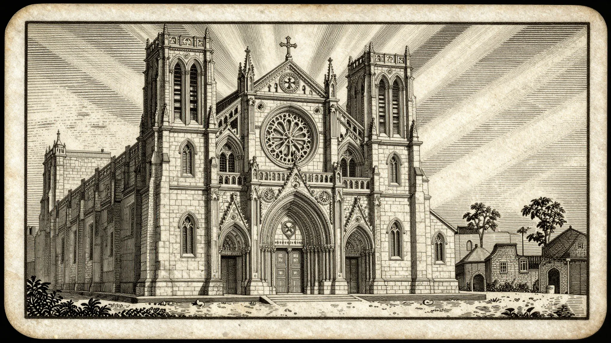 Vintage 1700s tarot-style card 'The Temple'. A majestic ston...