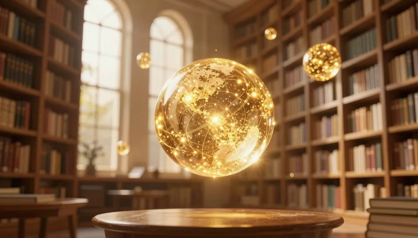 A magical glowing library with floating golden orbs of light...