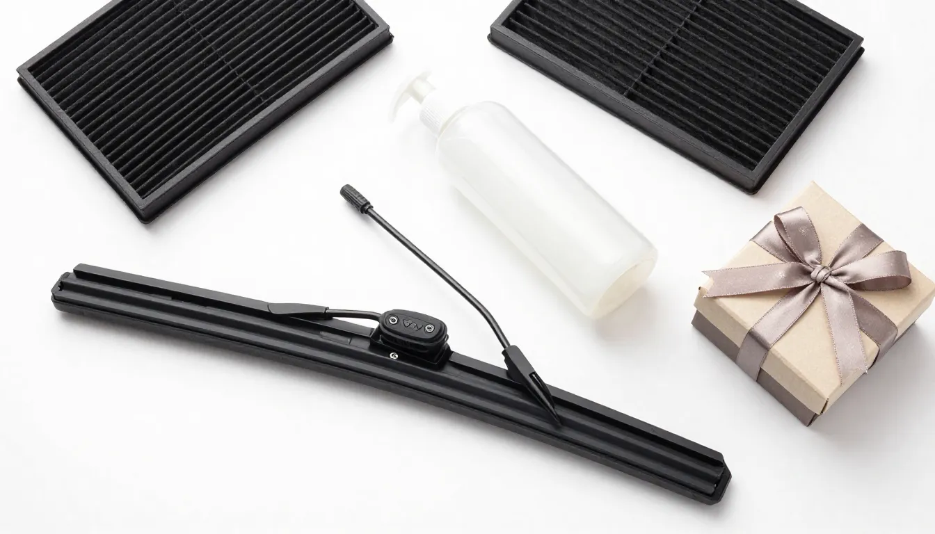 Professional flatlay of car accessories for spring: wipers, ...