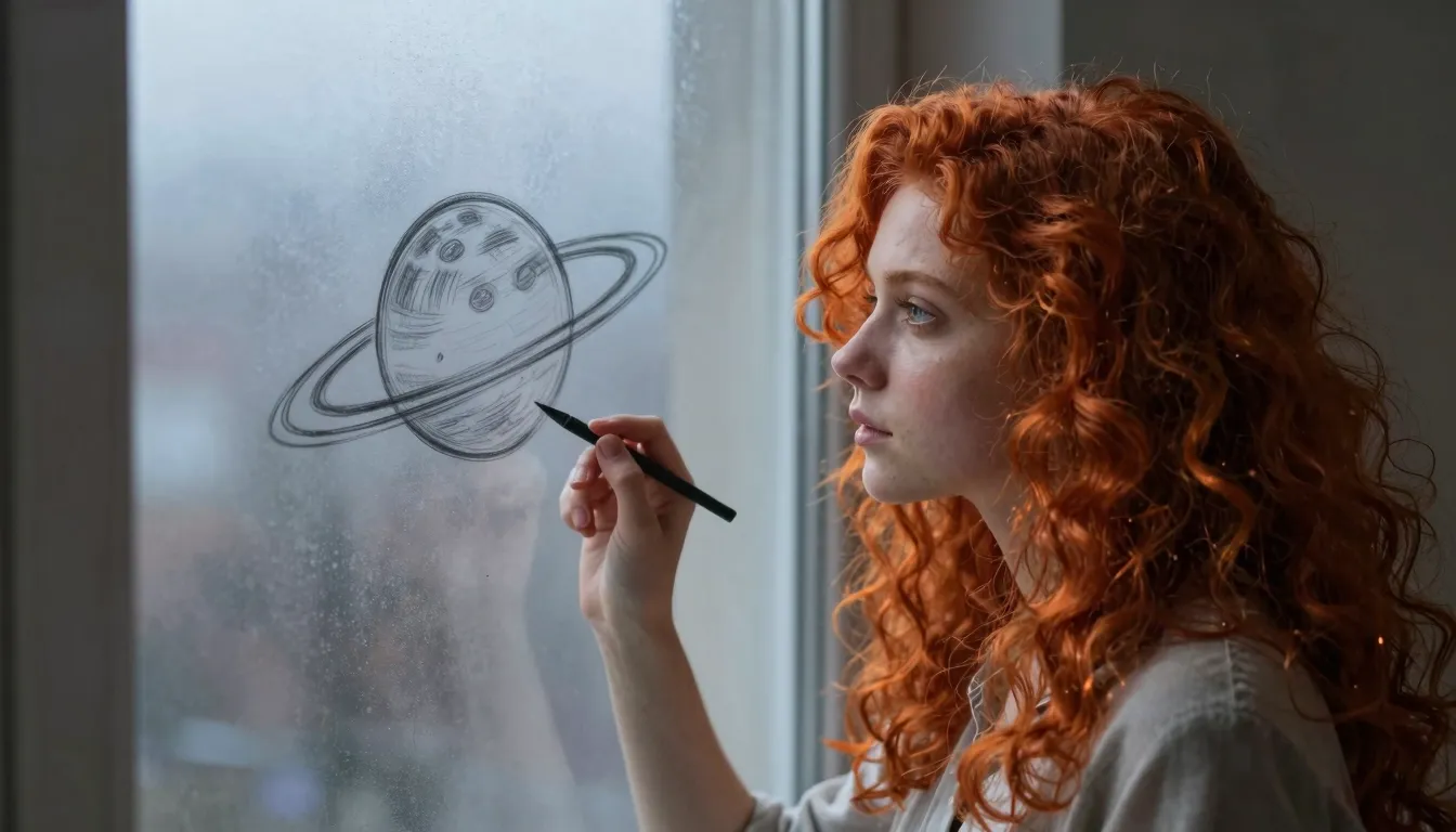 A beautiful girl with vibrant fiery red curly hair and long ...