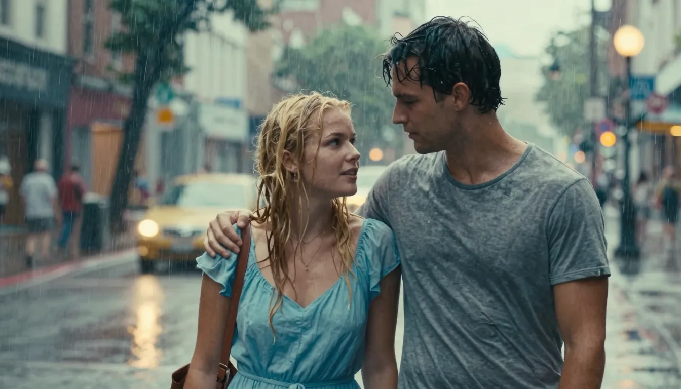 Cinematic shot of a young couple standing close under a heav...