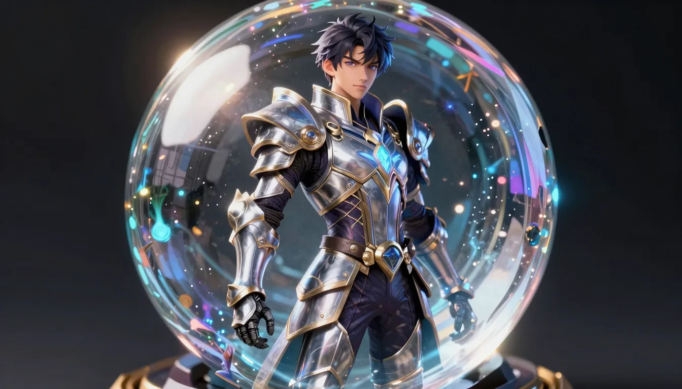 A magical crystal ball showing a reflection of a young wizar...