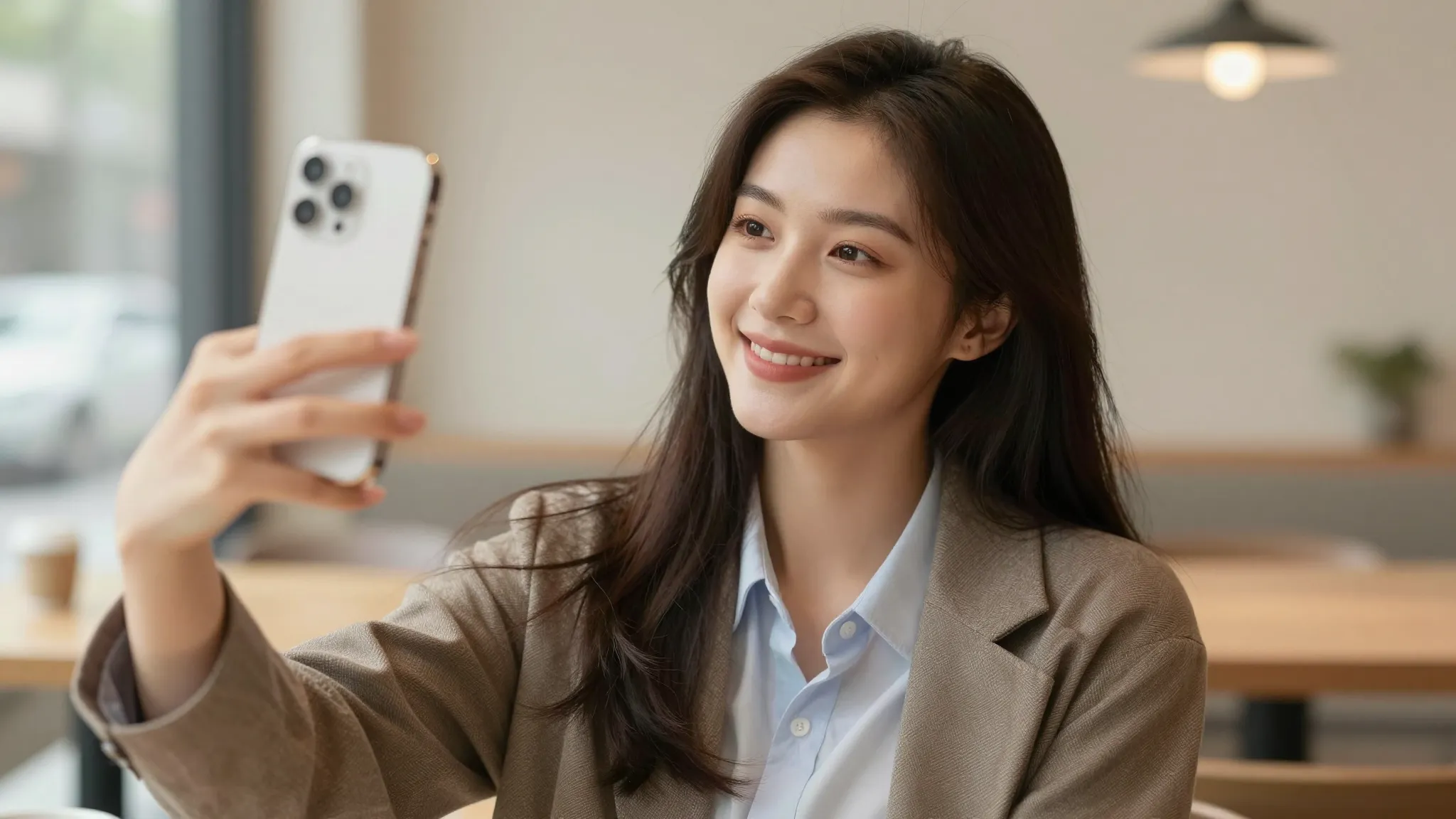 A beautiful young woman taking a selfie with a modern smartp...