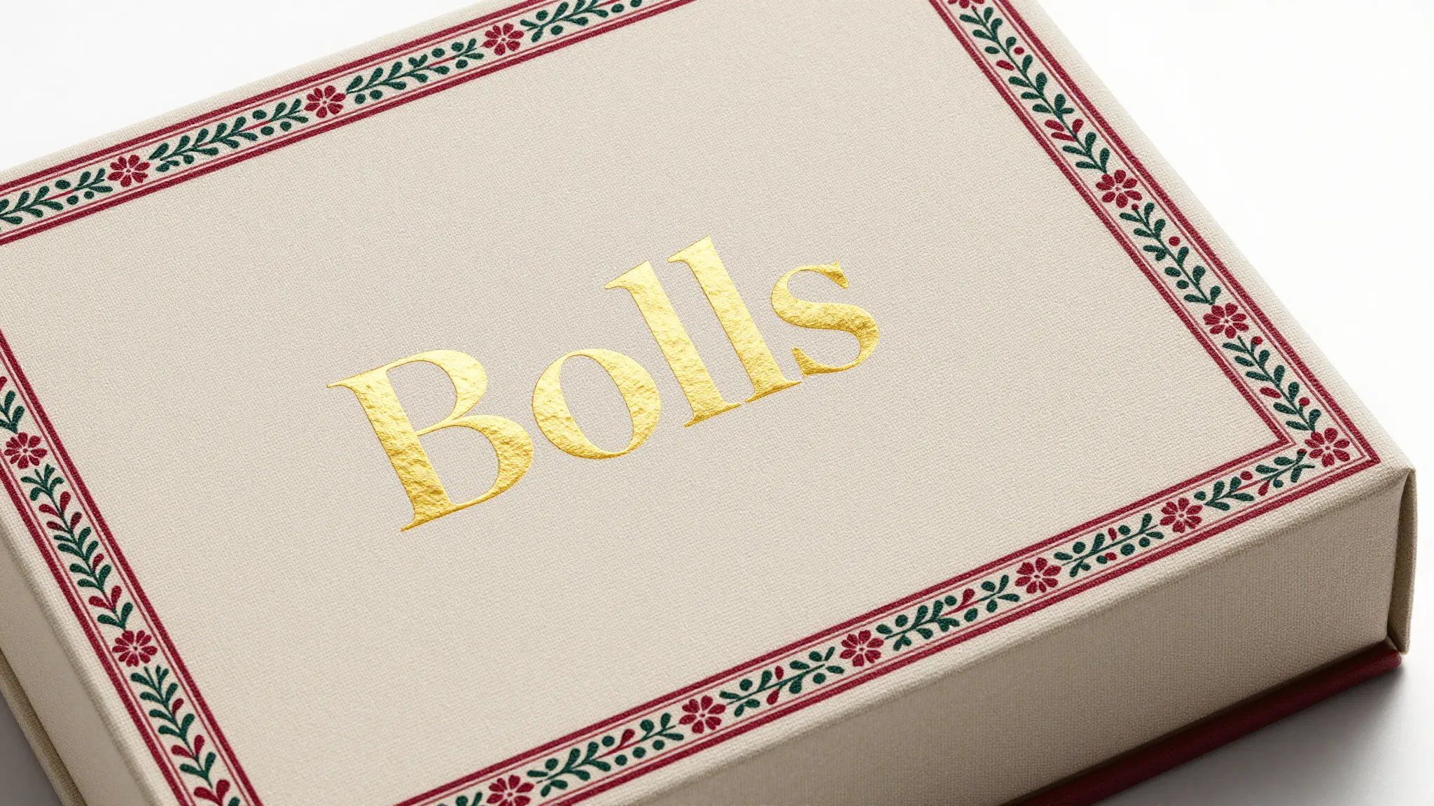 Top view of a luxury food box with linen texture. Gold foil ...