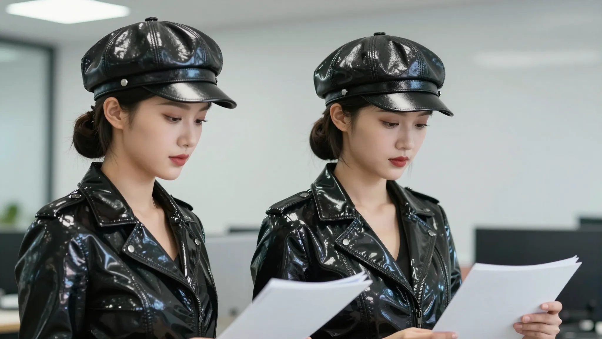 Two professional Chinese women in a modern office, side view...