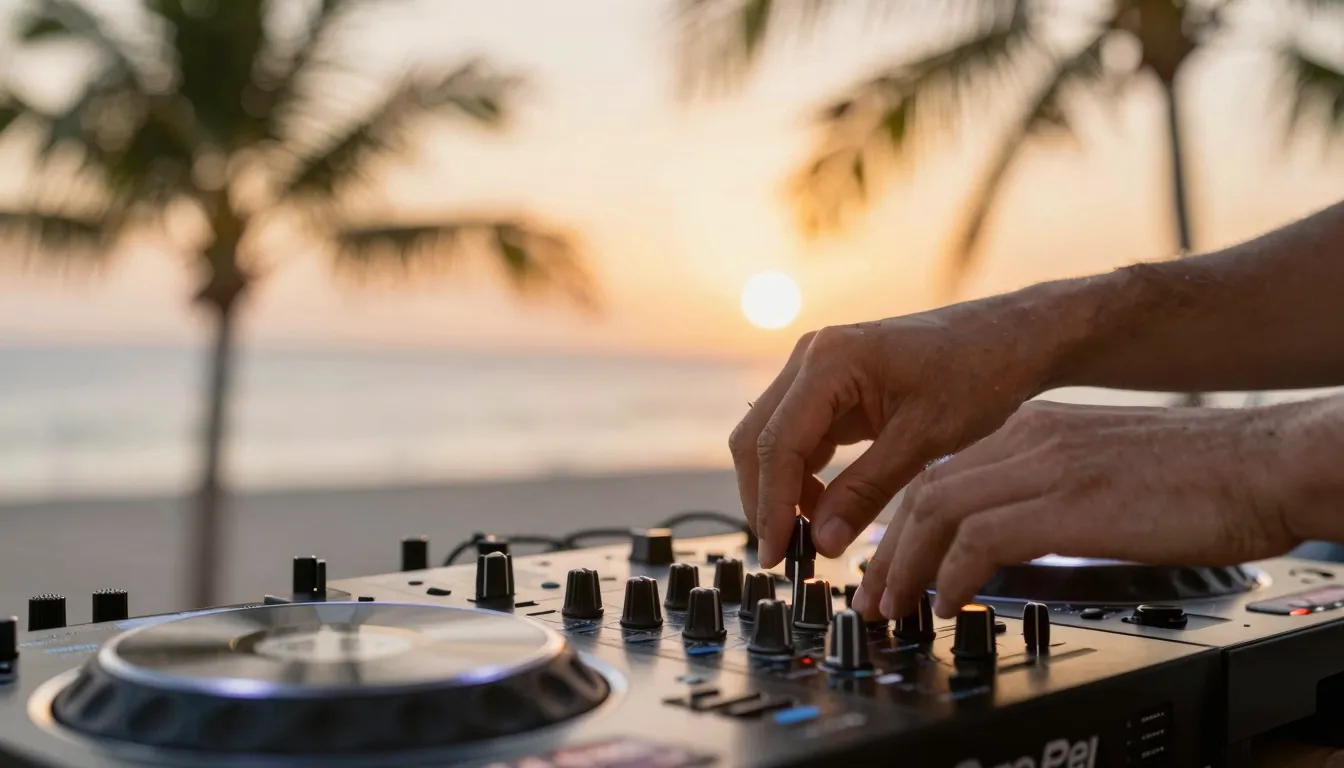 Close up of professional DJ hands on a mixer, tropical backg...