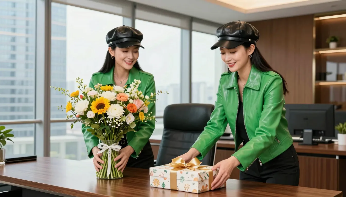 Two beautiful smiling Chinese women in bright green leather ...