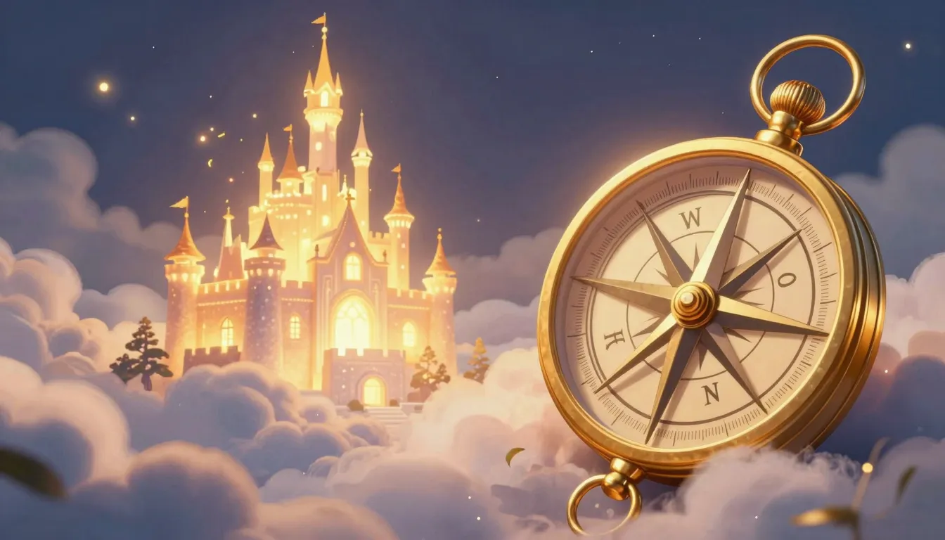 A magical golden compass pointing towards a glowing castle i...