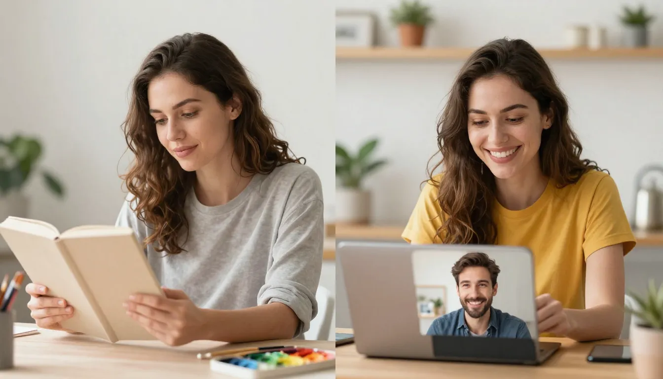 A split image. On one side, a woman is engaged in a hobby li...