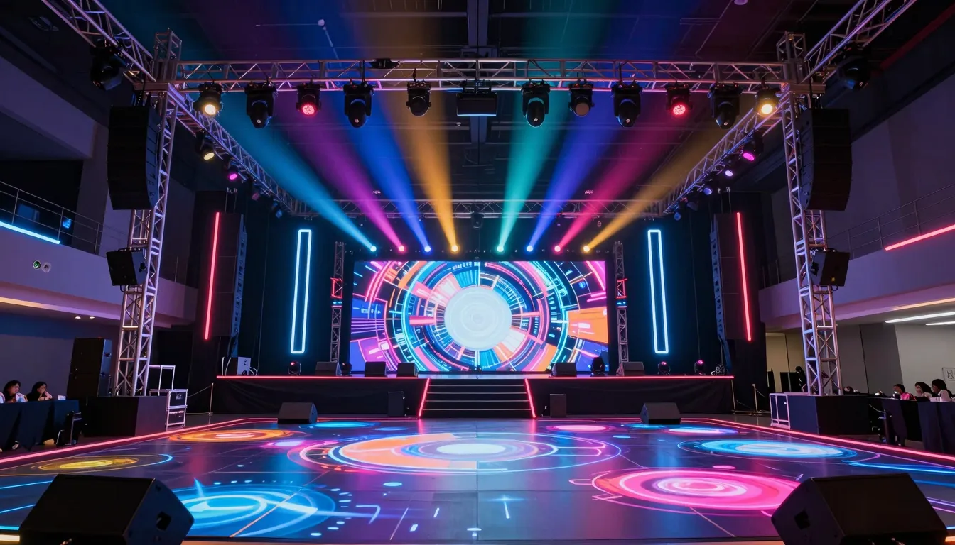 A colorful interior view from the center of a high-tech stag...