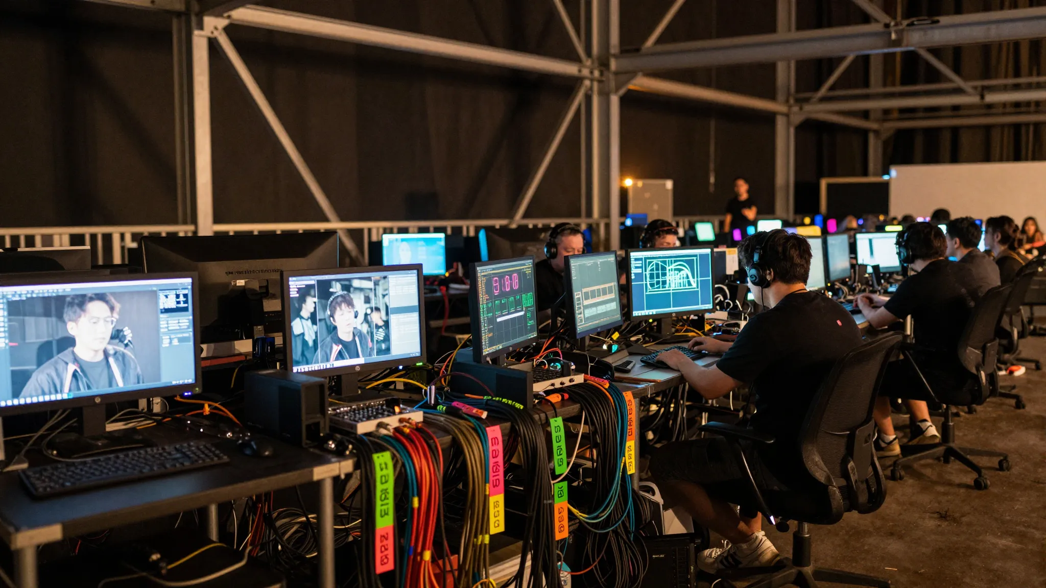 A colorful photo of the backstage area at night, glowing mon...