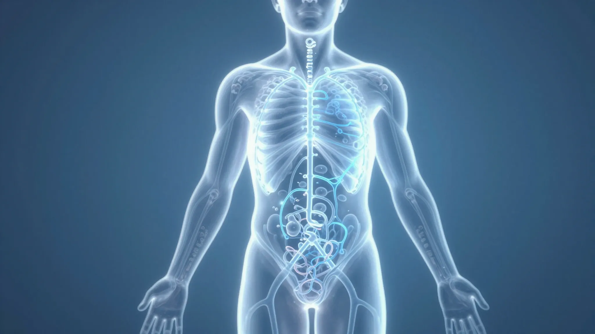 A stylized illustration of a human body silhouette with glow...