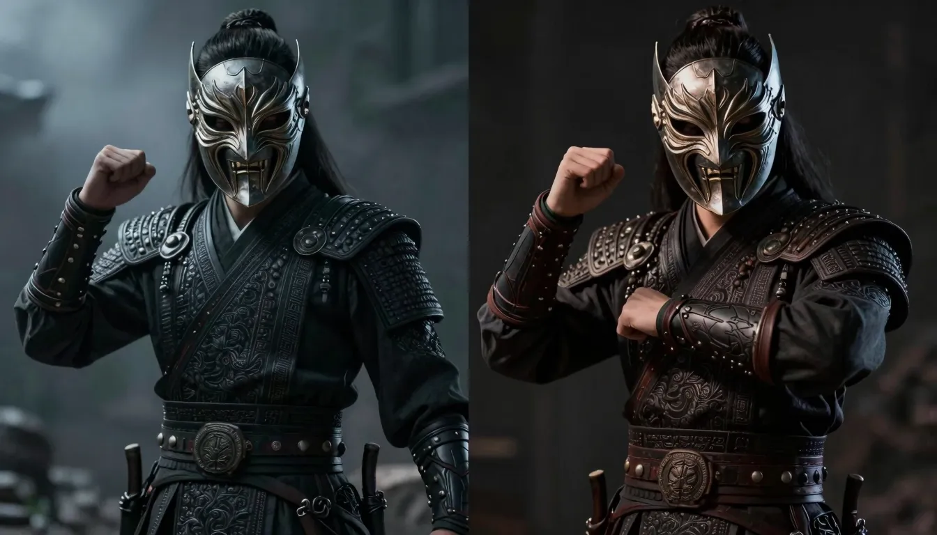 Digital art, character swap, a mysterious warrior wearing a ...