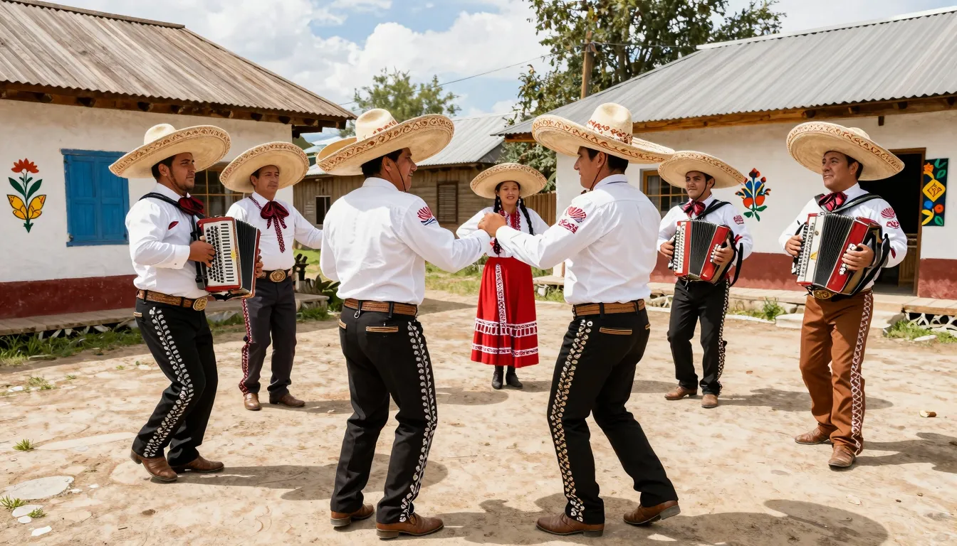 Mexican musicians in sombreros and traditional Russian villa...