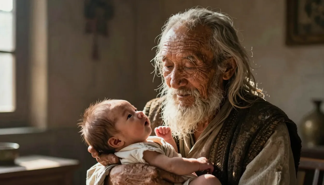 A very old wise man with deep wrinkles and kind eyes, holdin...