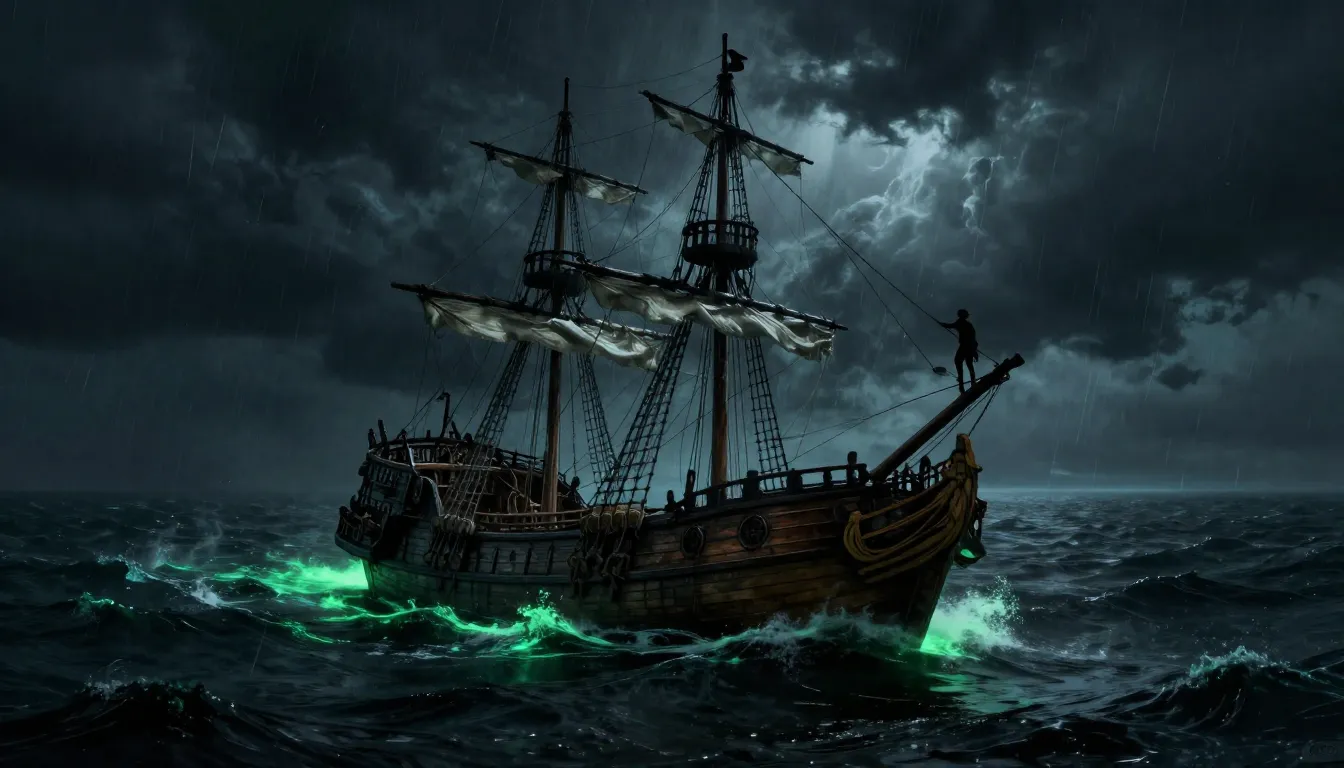 A dark, cinematic scene of a wooden pirate ship 'Sea Wolf' b...
