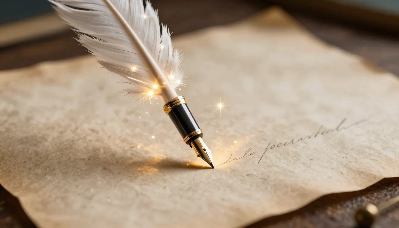 A magical glowing quill pen writing on a vintage parchment, ...