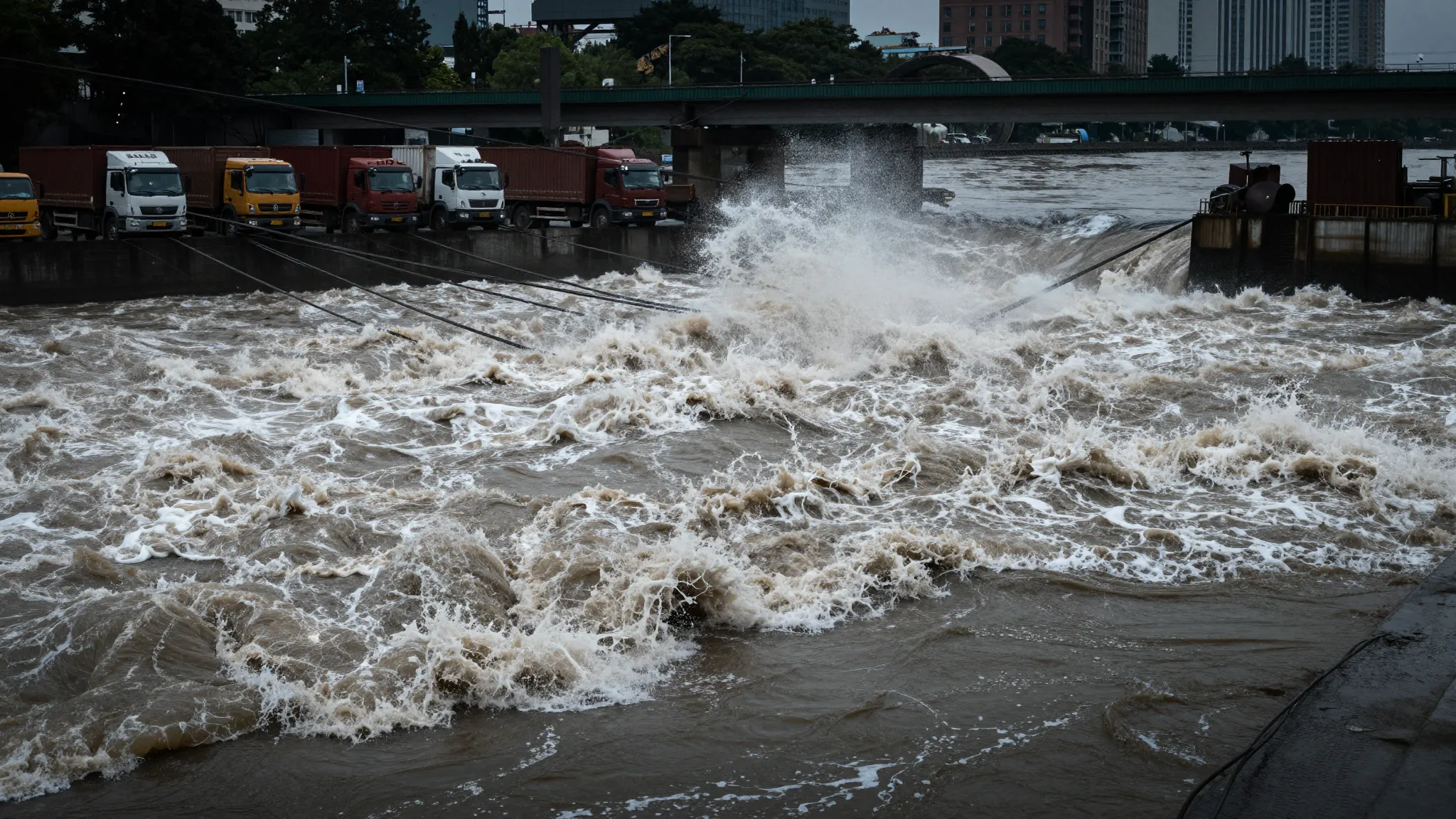 A dramatic scene of a powerful overflowing river in an indus...