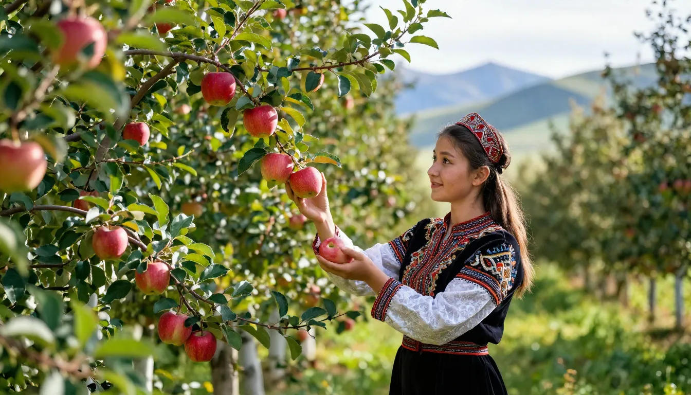 A Kyrgyz girl, dressed in traditional attire with a modern t...