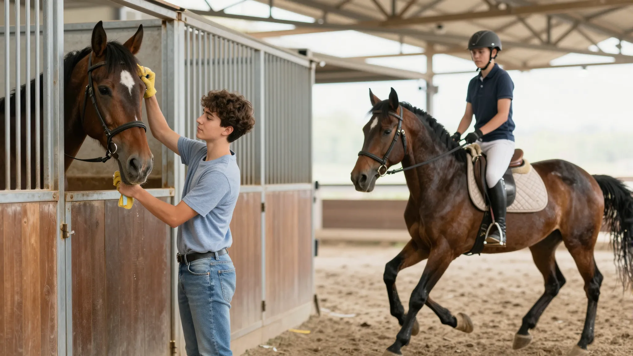 A young person confidently cleaning a horse's stall, showing...