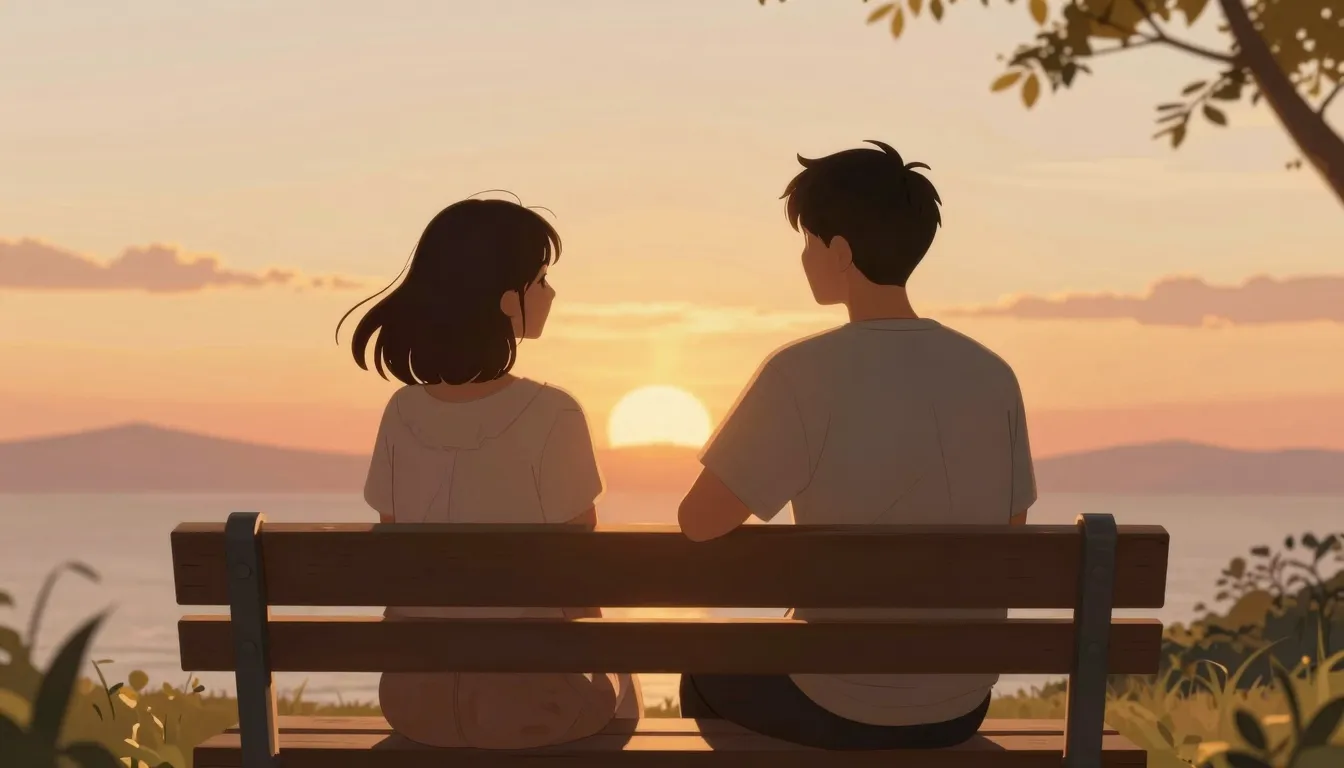 A peaceful and warm scene of two friends sitting on a bench ...