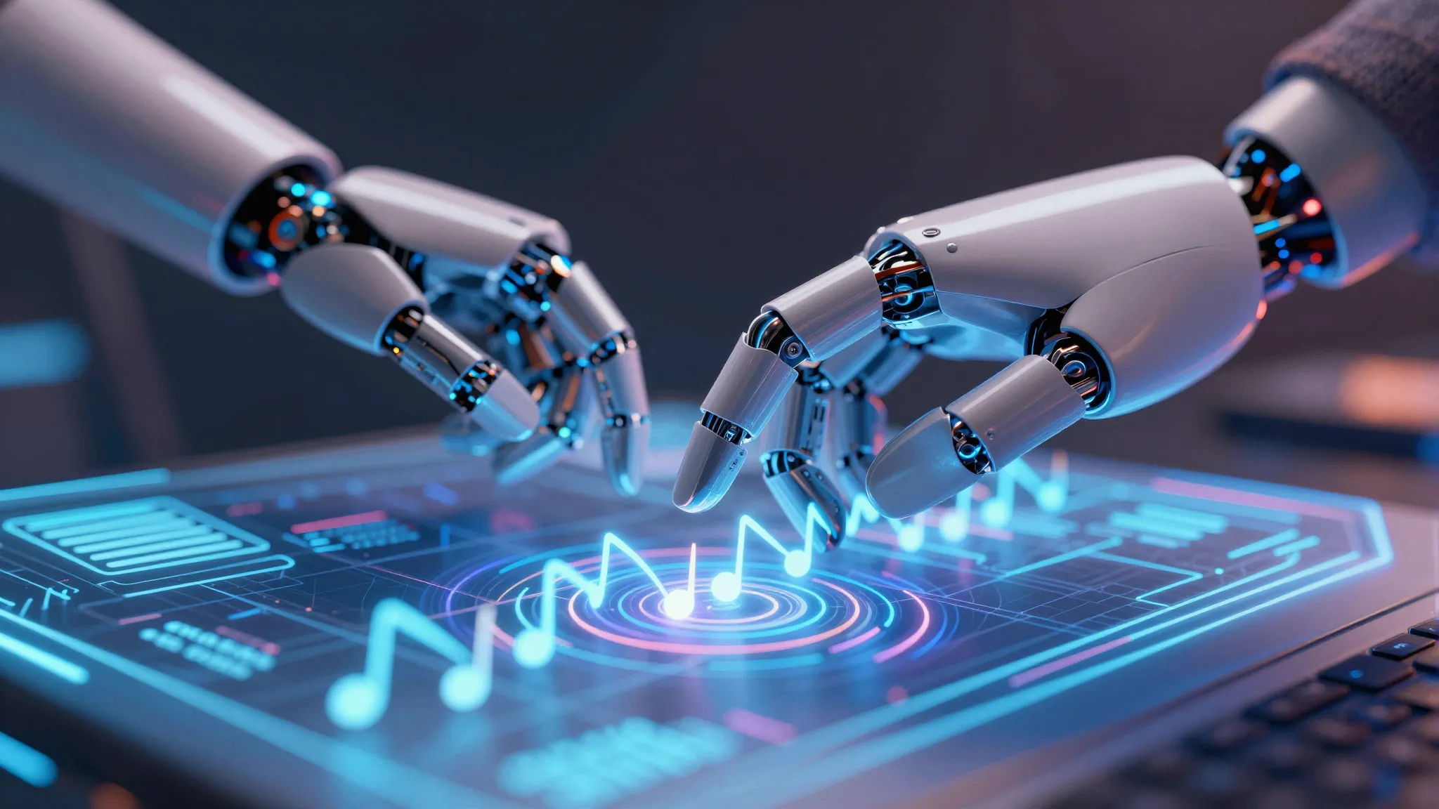 A futuristic robot hand composing music on a digital hologra...