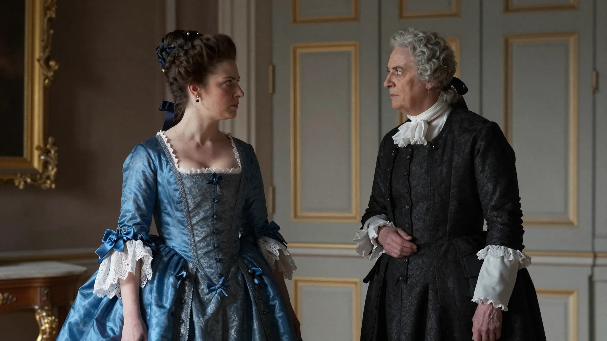 17th century French castle interior, a proud noblewoman in a...