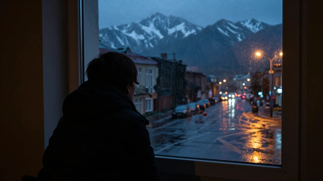 A lonely person looking out of a window at a rainy Moscow st...